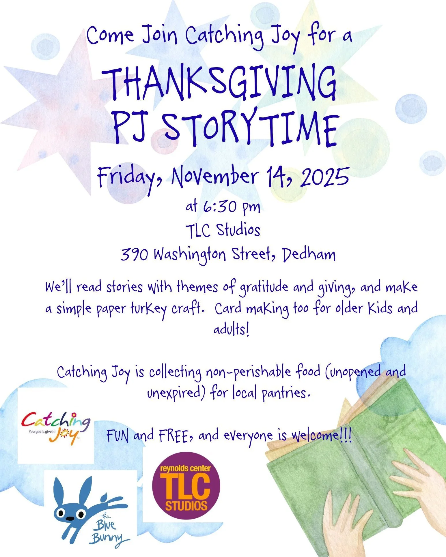 Catching Joy is back with their fun and free storytimes. Come join the fun on Friday, November 14 at 6:30 pm at TLC Studios!