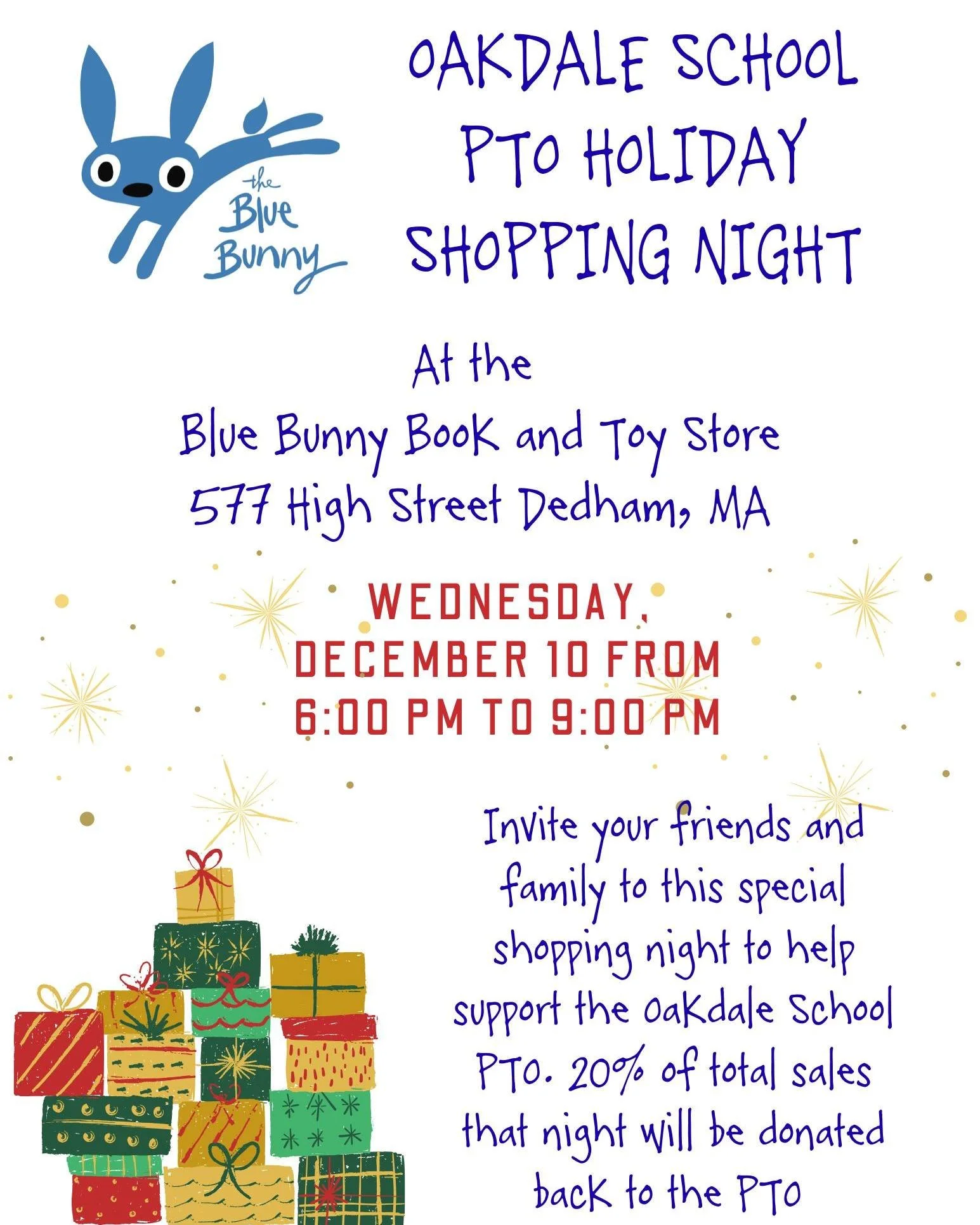 The Blue Bunny Bookstore will be hosting special shopping nights for some of the Dedham Public Schools PTO's.  The PTO's will receive 20% of the total sales of the evening and shoppers can pick up a little treat bag after making their purchases.

Com