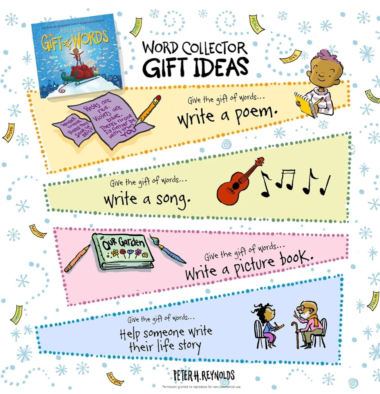 @peterhreynolds created this little &ldquo;gift guide&ldquo;, to remind us that we don&rsquo;t have to buy anything to make someone happy. Our words can be a powerful gift. His newest book, GIFT OF WORDS is flying off the shelf. Show us this post bef