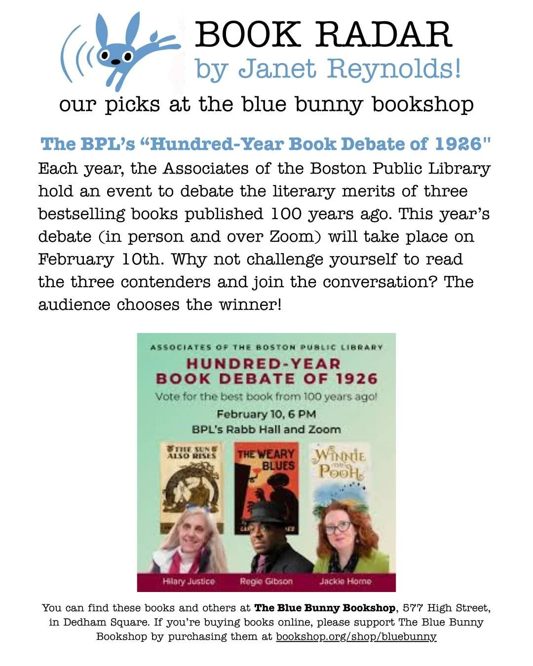 Vote for the best book from a hundred years ago!

Are books that were popular a hundred years ago still relevant today? That&rsquo;s the question The Associates of the Boston Public Library ask every year. Three distinguished panelists make a strong 