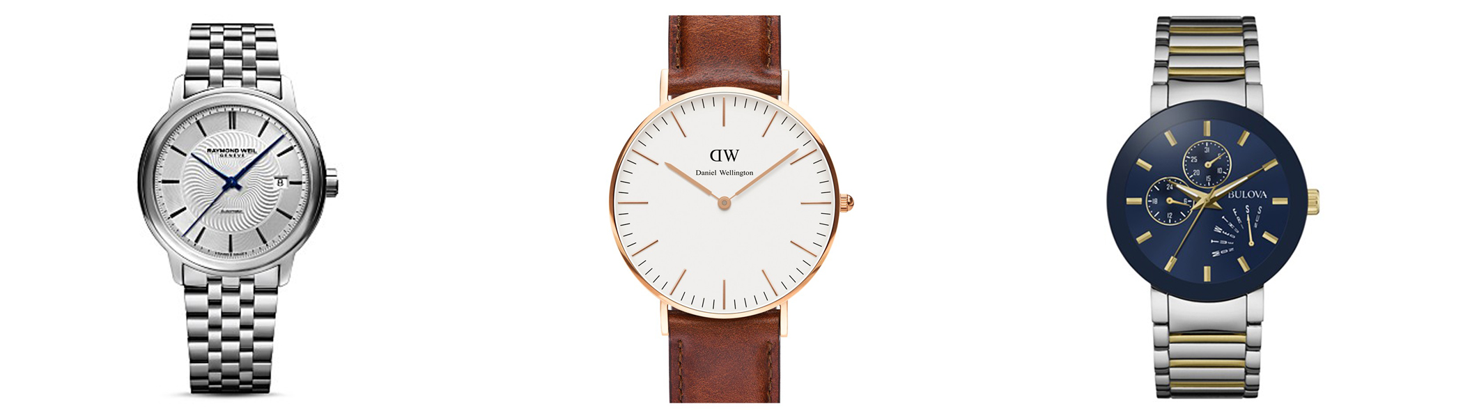 Raymond Weil 39.5MM - $1,295 Daniel Wellington 36MM - $199 Bulova 40MM - $350