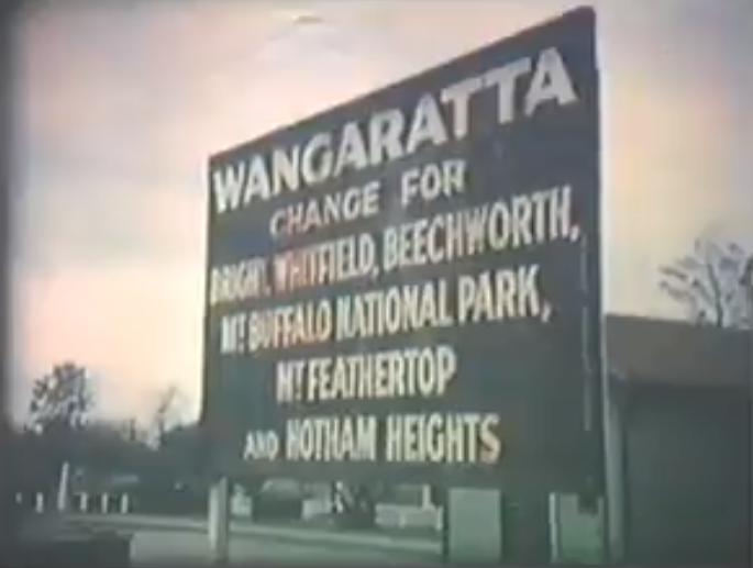 Sign at Wangaratta station listing three branch lines in the area and showing the railways three ski lodges in the pre war years. The railways did not control the St Bernard Hospice and it is absent from the list. Photo: © Peter Dwyer. Used with permission.
