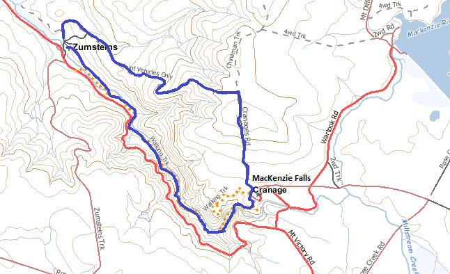  Map of the walk, the route is shown in blue. Scale: 1:25,000 (4 cm = 1 km.)