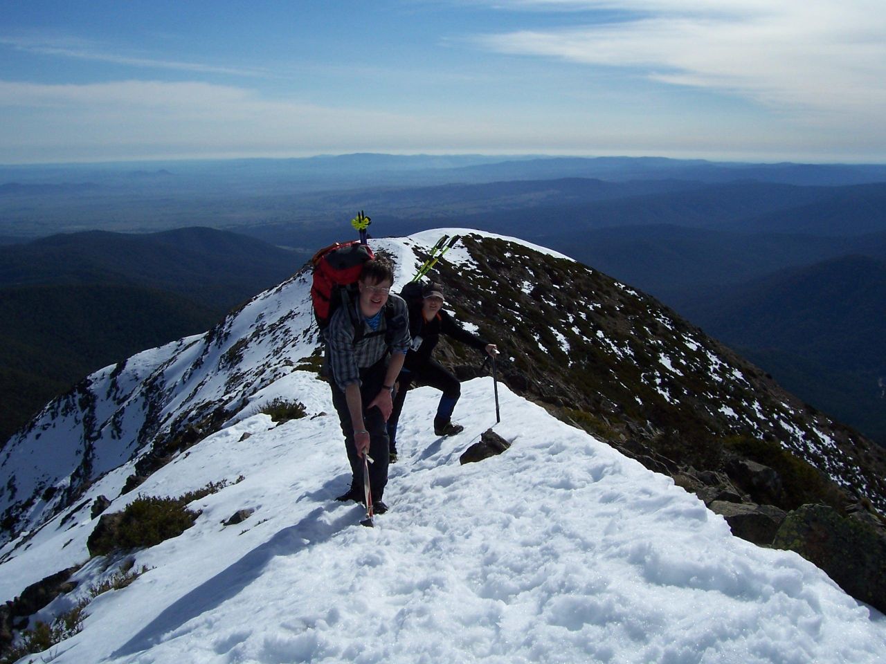 The author on the summit ridge above the Main Street chute. In winter this area is under deep snow and can be very icy.