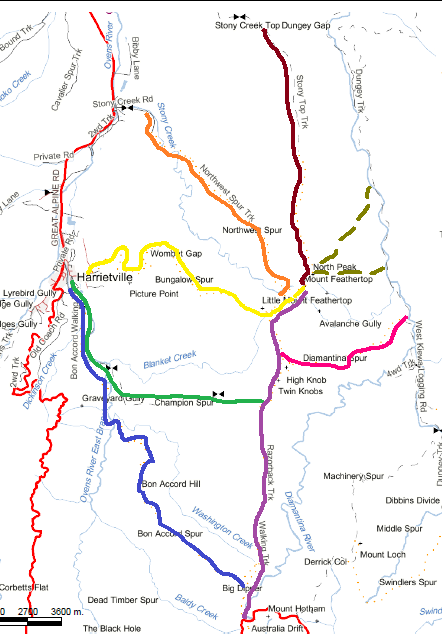 Walking routes on Mt Feathertop. The Great Alpine Road is shown in red.