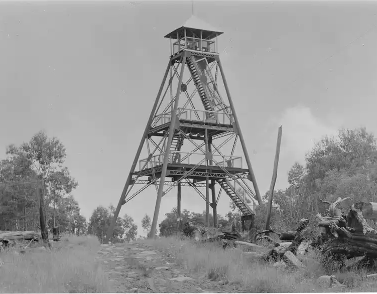 The second lookout tower was a head frame for three gold mines in an earlier life. The photo was taken in 1942 and this was the tower that overlooked the mountain the whole time it was a ski resort.