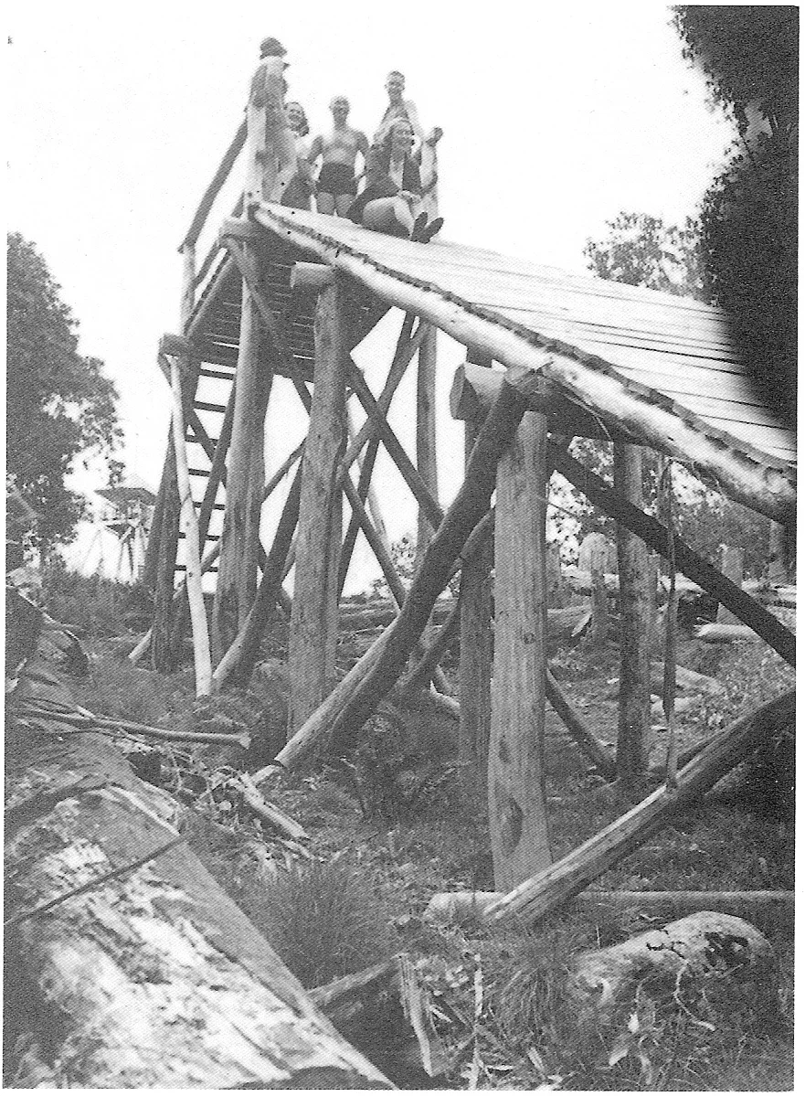 The original wooden platform at the top of jump slope in summer. The summit tower can be seen behind it to the left. Photo Mick Hull.
