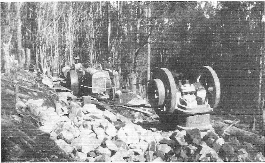 Rock crusher at 8 Mile on the Donna Buang Road circa 1933. The over-used road was rebuilt as an unemployment relief programme during the Great Depression. Later the worn out crusher jaws were salvaged by the University Ski Club and used as a backing for the fireplace of their new cabin.