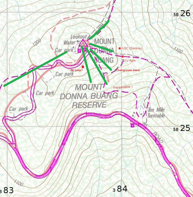 Composite map showing early roads and tracks in bright purple superimposed on a modern map with roads in dull orange and modern walking tracks in grey. The probable locations of six ski runs in 1938 are shown in green. For scale, the grid lines are one kilometre apart.