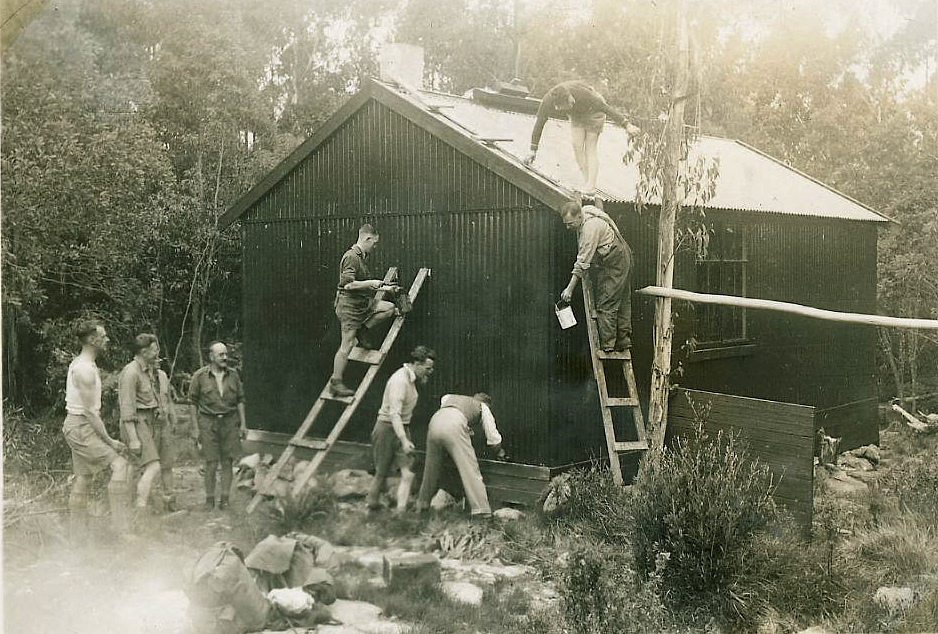 A 1934 work party at the first Melbourne Walking Club hut. Used with permission of MWC.
