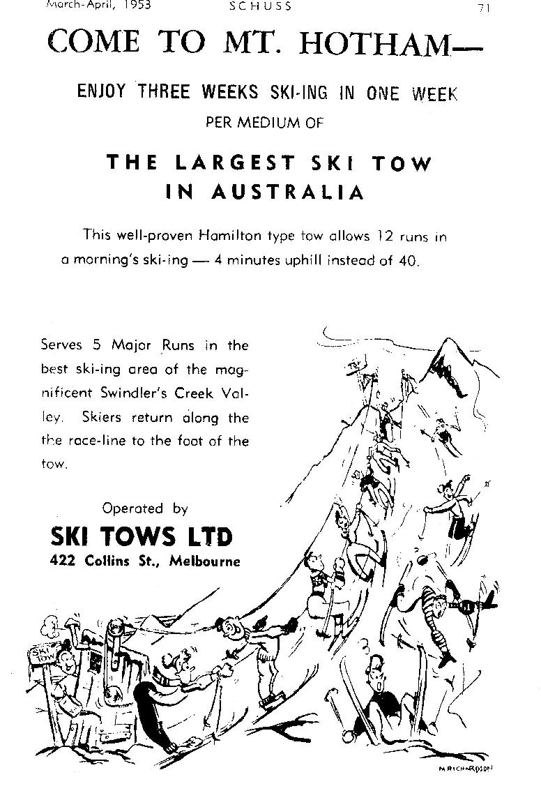 Advertisement for the Blue Ribbon nutcracker tow, the only lift at Hotham in 1953