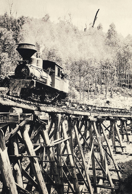 A Shay locomotive on a trestle bridge near The Bump tunnel.