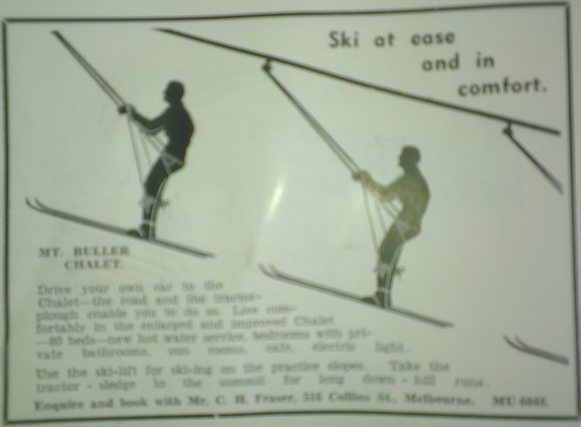 Ad for the Buller ski-lift in the 1939 Australian and New Zealand Ski Yearbook. Note the sling style seat. Construction was initially delayed by the 1939 bush fires and stopped by the outbreak of World War II.