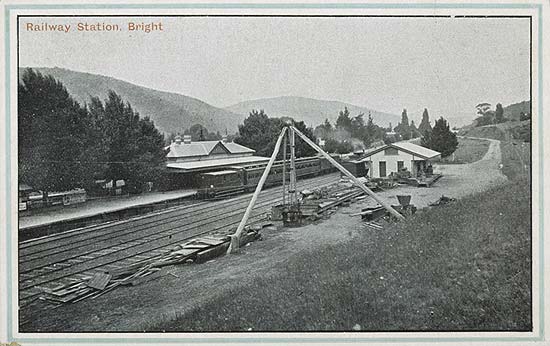 Bright railway station in the 1920s. It was here where guests bound for the Feathertop Bungalow transfered to cars for the trip to Harrietville.