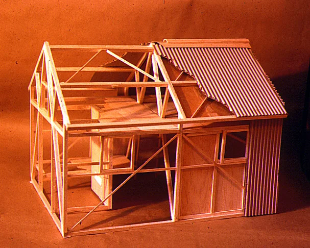 A model of one of Peter Kneen's proposals for MUMC Hut. It was later was adapted by Paul Kennedy as the basis for the first Federation Hut elsewhere on Feathertop © P. Kneen