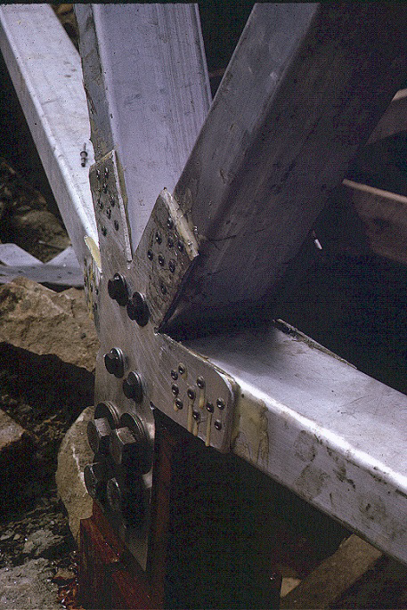  The bottom joints bolted onto 5x5 (inches) red gum posts set well into the ground.&nbsp;All joints “stars” were pre-drilled and cut out at the University Engineering workshops where several students put in some night hours.&nbsp;The surfaces of the 