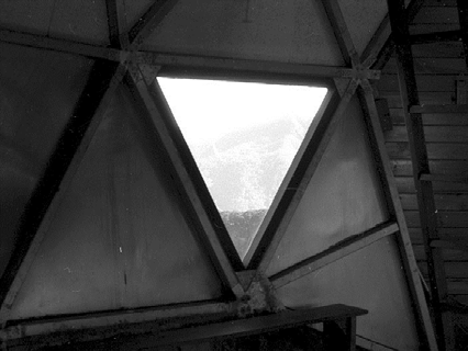 Near the entrance the regular geometry of the geodesic dome was adjusted to meet up with the floor level.