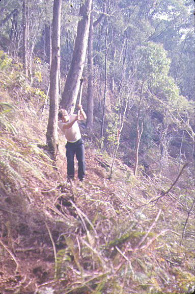 One of the reasons for the site of the hut was that if a new track was constructed from the valley up the NW Spur then the current position would be where you would strike potentially exposed weather and it would then be logical to shelter there. Prior to the NW Spur track, the normal route was up the Bungalow Spur and camping was at the “playgrounds” where the old Bungalow Spur hut was located. To make an ascent to the summit involved about 3/4 hour walk to where the Federation hut is located (it was built after the MUMC hut). Even at this point the weather could be much better than near the summit. This is probably Don Thomas.
