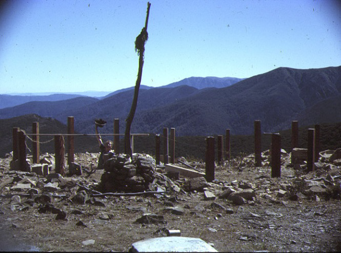 Footings happening. Most of the timber posts, the kitchen sink, the water tanks, the aluminium framing and sheets were carried in by hand from the end of the 4WD track along the North razorback. The route contoured around the NW side of Feathertop coming out near the spring. The floor bearers and joists were built by 2 or 3 people whilst some 20 others made at least two trips each for another load.