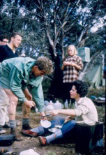 Nina Cole serving out lunch. Tom Kneen on left, Ross Smith