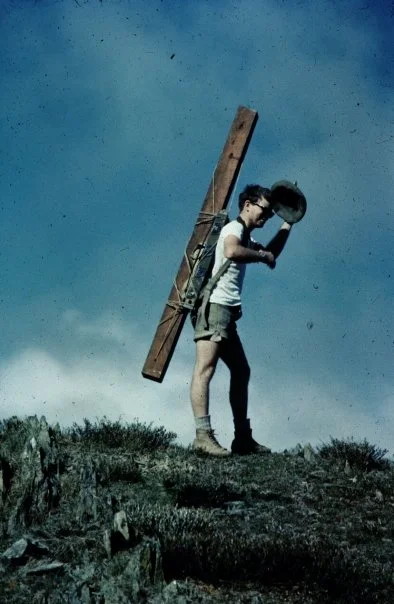 Carrying one of the redgum posts. Because of their length and weight some said this was the most awkward loads to carry – especially downhill