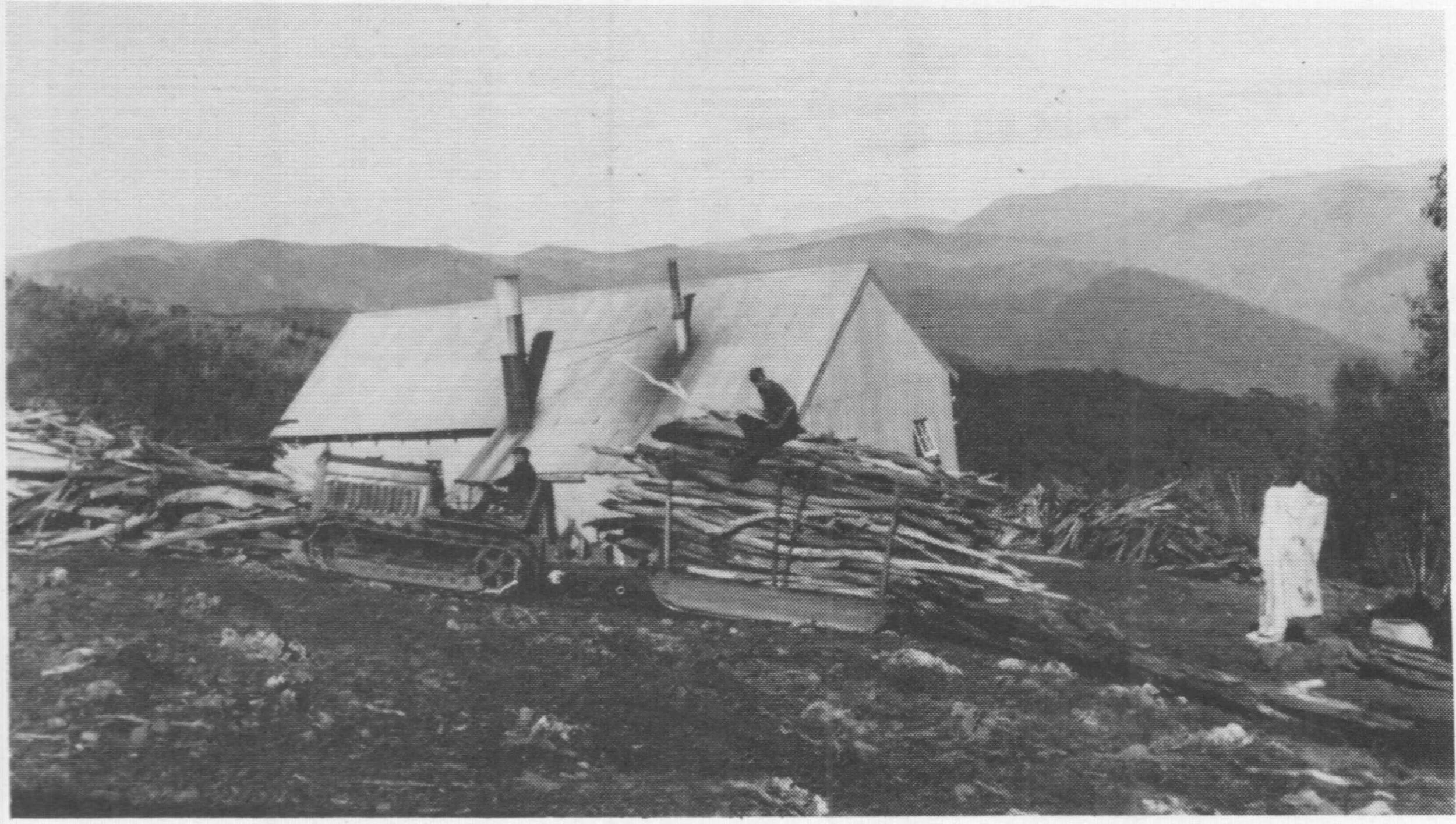 Undated photo of Cletrac tractor hauling firewood to the Bungalow without the north wing
