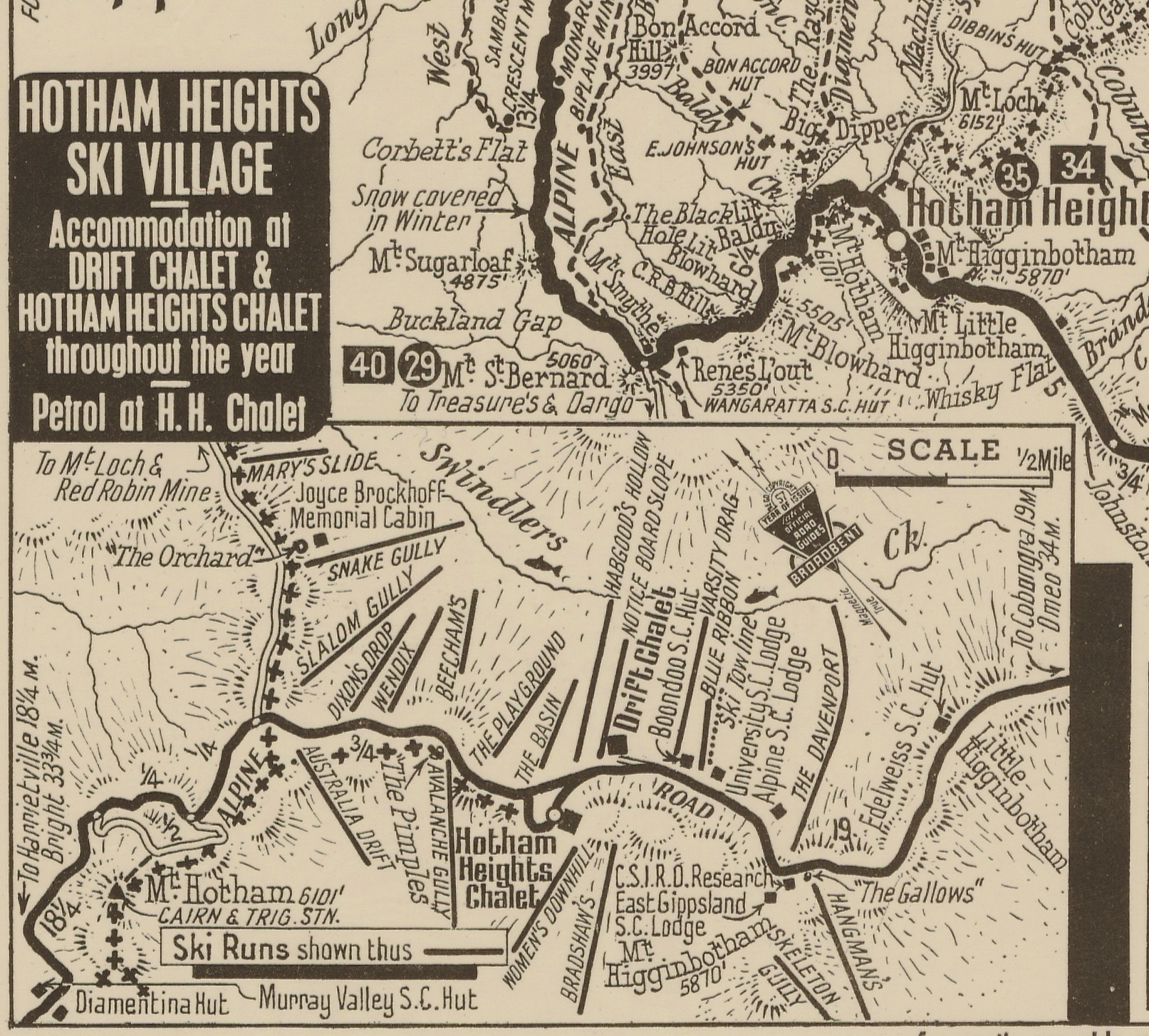 1953. The lines indicate named ski runs. Blue Ribbon was the only ski tow.