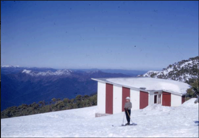 The original Moose Ski Club lodge at Buller was built in a post war austerity box style and brightened up with a flash paint job. Built 1949, burnt 11 Nov 1955,