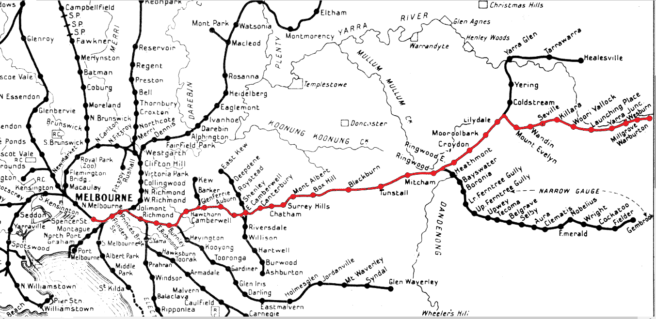 The railway line from Melbourne to Warburton. This 1939 map has been squeezed between the terminus of the electrified suburban system at Lilydale and Warburton in order to fit it on the suburban rail map. At 38 km from the city, Lilydale was exactly halfway to Warburton.