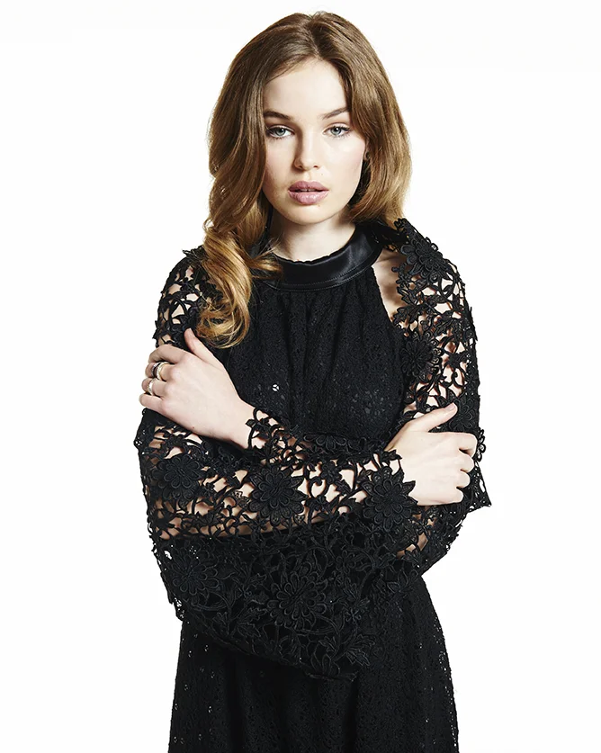 blue dress for baby girl Lenny Lace Shrug Top in Slinky Black with Black Lace Trim main image 0