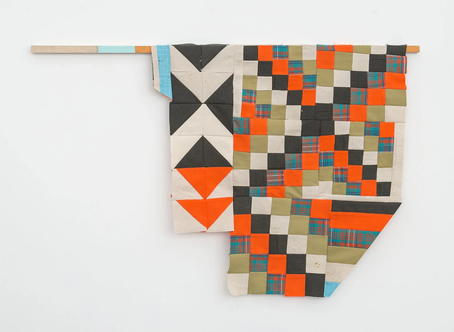 Hunting Season , 2018 Acrylic, colored pencil, cotton, canvas, wool and wood 28 x 42 inches (71.1 x 106.7 cm)