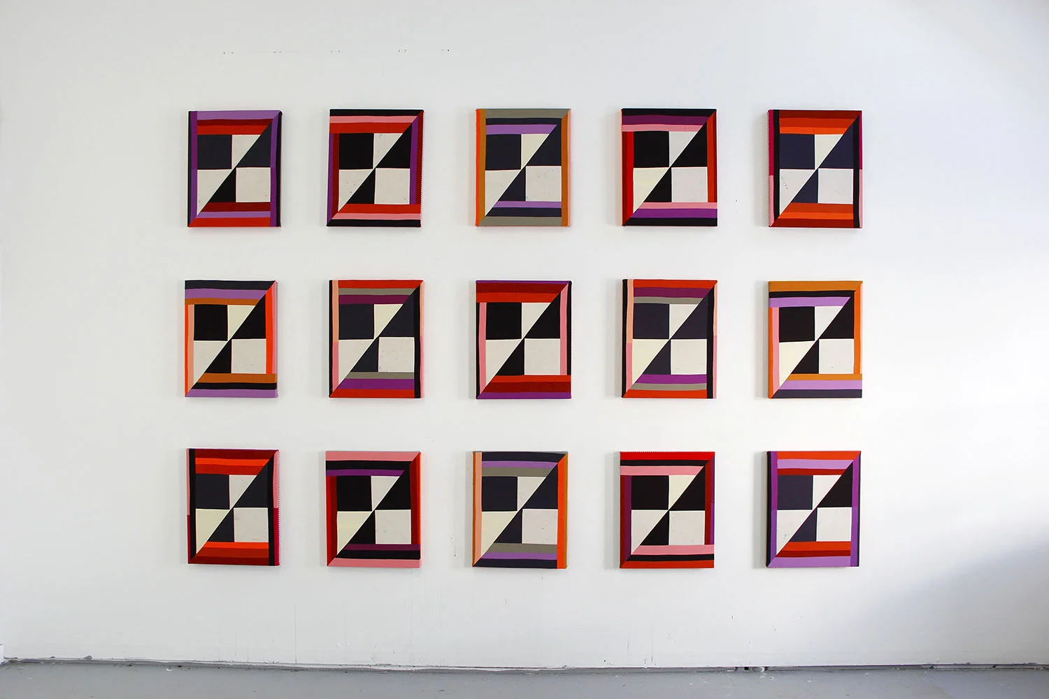 Every One , 2019 Sewn cotton, canvas, acrylic (15 panels) 20 x 16 inches each (50.8 x 40.6 cm) Patricia Sweetow Gallery, San Francisco, CA
