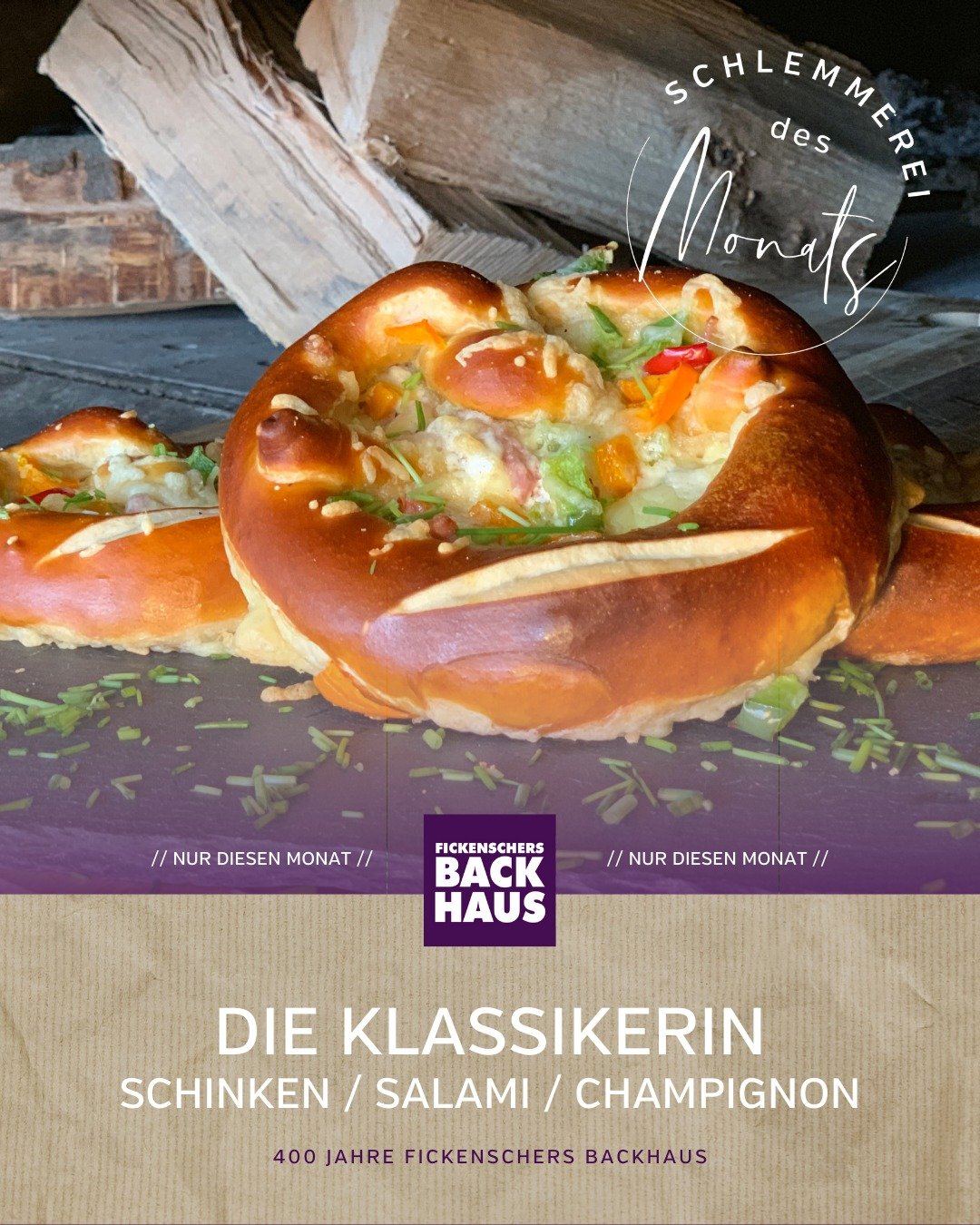 Nur im Mai: Die Klassikerin &ndash; ein herzhafter Dreiklang aus Schinken, Salami und Champignon, gebettet in bester Brezenteigkunst. 

Genuss, wie er sein muss &ndash; handgemacht, herzhaft und nur f&uuml;r kurze Zeit in unseren Fachgesch&auml;ften!