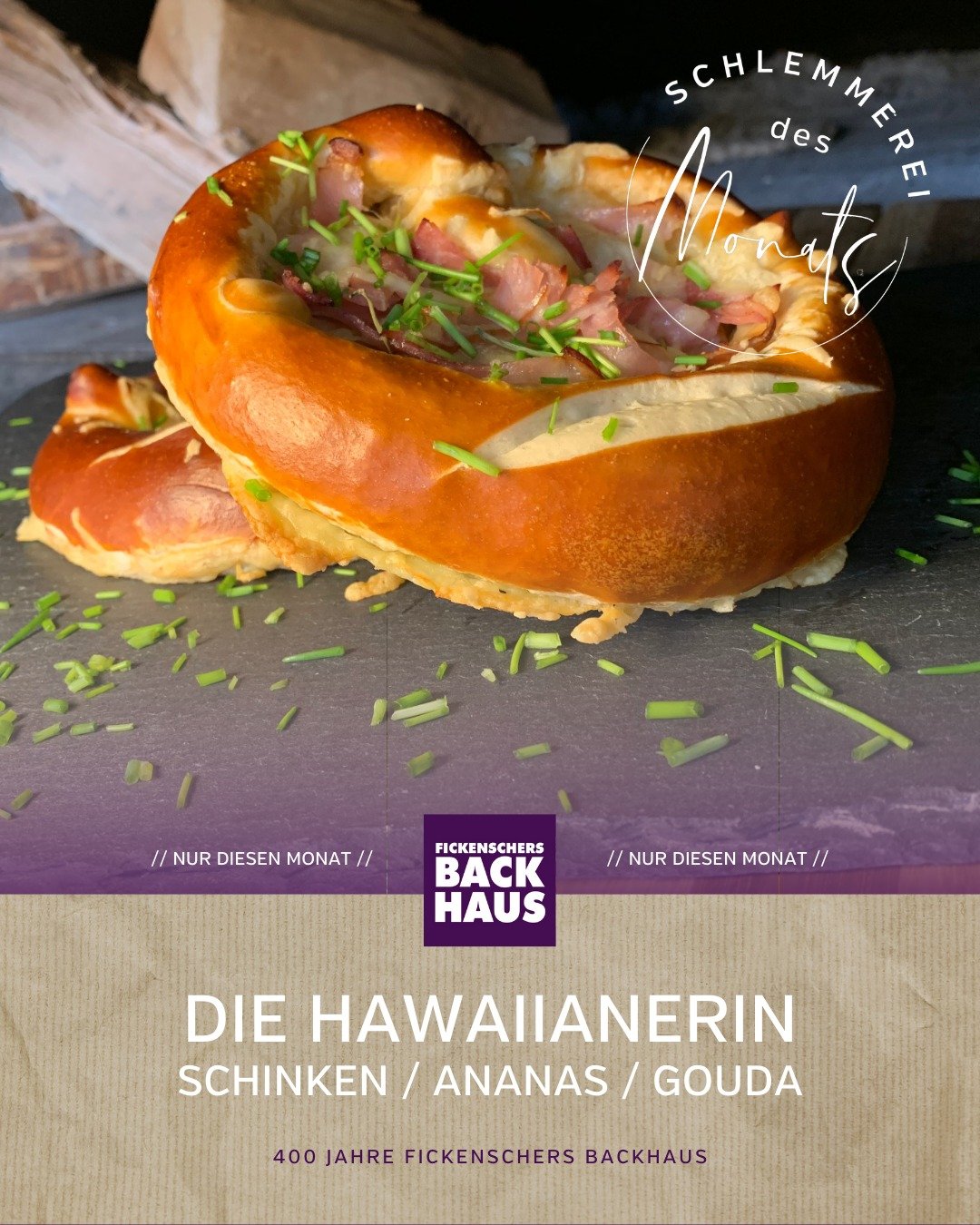 Ein Hauch von Urlaub im Fickenschers Backhaus: Unsere Hawaiianerin ist die Schlemmerei des Monats Juni und vereint herzhaften Schinken, saftige Ananas und zarten Gouda in einem ofenfrischen Laugengeb&auml;ck. 

Nur diesen Monat in unseren Fachgesch&a