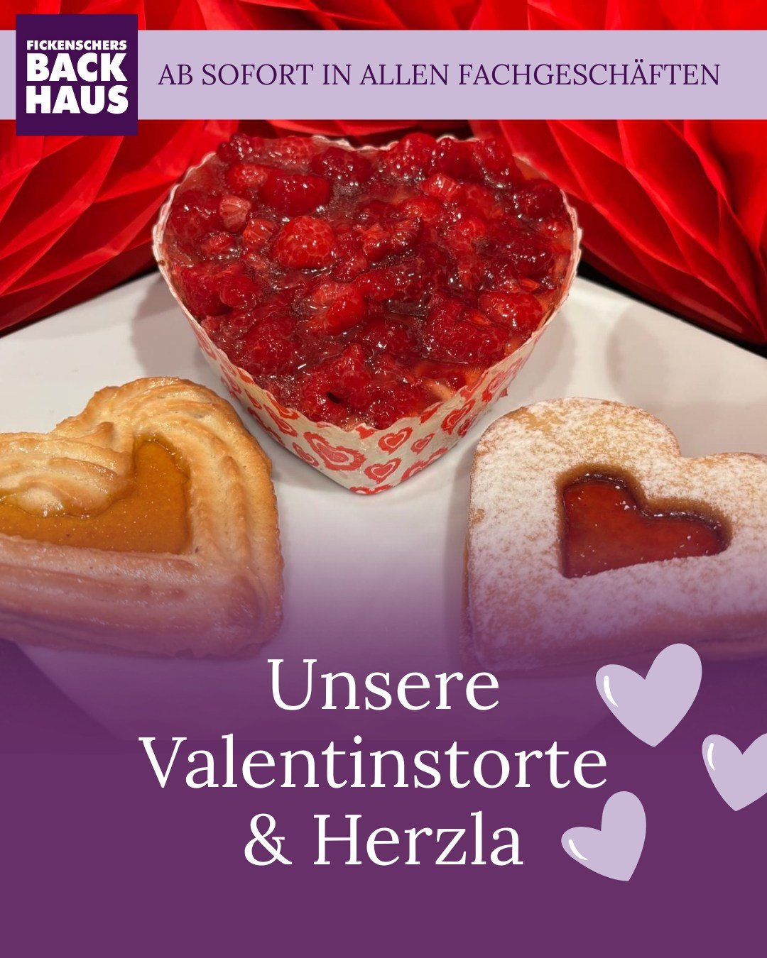 Liebe geht durch den Magen. ❤️

Ab sofort in allen unseren Fachgesch&auml;ften: unsere Valentinstorte und Herzla &ndash; perfekt f&uuml;r Valentinstag. Die Himbeer-Obsttorte mit feiner Vanillecreme auf lockerem Butterbiskuit sorgt f&uuml;r fruchtige 