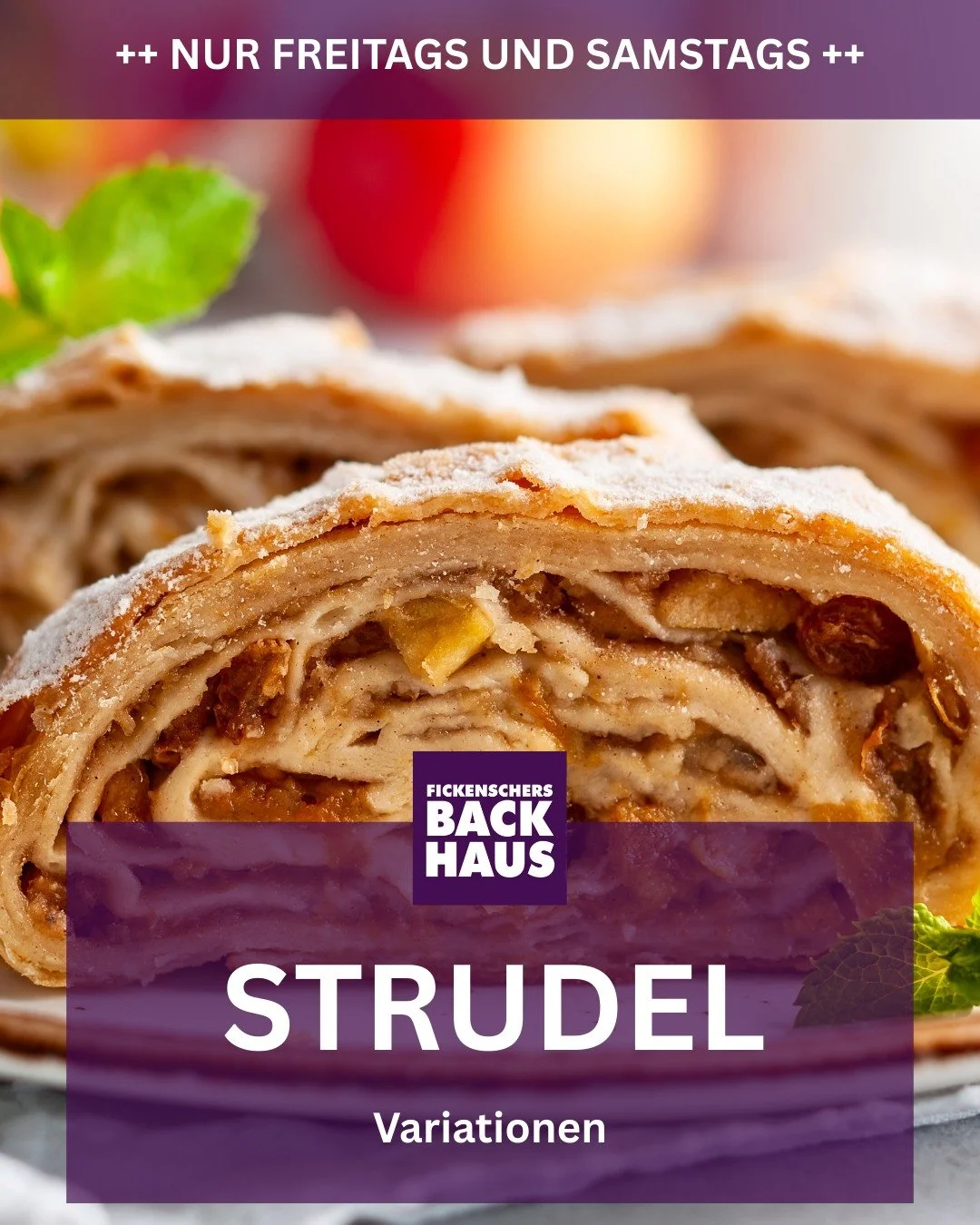 Unsere Strudel-Variationen geh&ouml;ren einfach zum Wochenende dazu. Knuspriger Teig, fein gef&uuml;llt und mit viel Liebe gebacken. Erh&auml;ltlich nur freitags und samstags in unseren Fachgesch&auml;ften.
#FickenschersBackhaus #Strudel #Wochenendkl