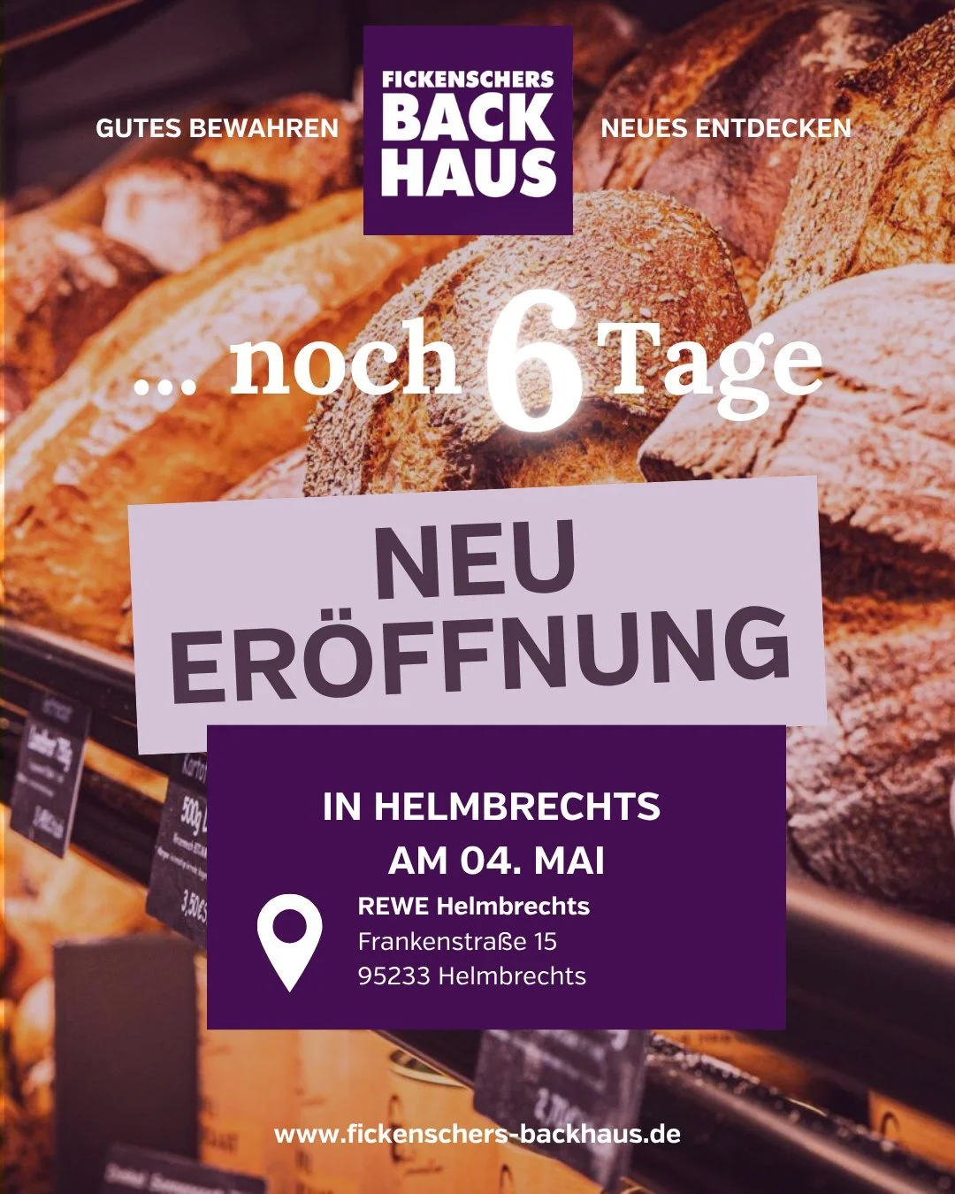 Noch 6 Tage! 🎉 Der Countdown l&auml;uft: Am 04. Mai er&ouml;ffnen wir unser neues Backhaus-Fachgesch&auml;ft im REWE Markt Helmbrechts. Freut euch auf tolle Angebote und exklusive Rabatte in unserem neuen Fachgesch&auml;ft. Wir z&auml;hlen ab heute 