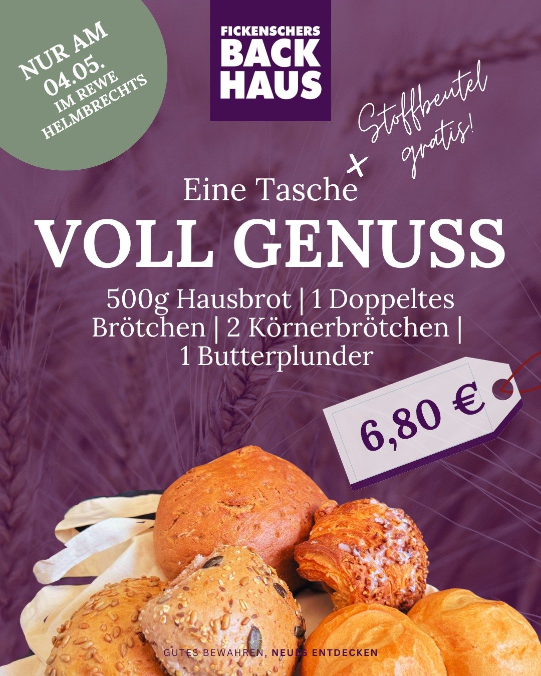 Vorfreude zum Mitnehmen: eine Tasche voll Genuss f&uuml;r nur 6,80 &euro; 🥐
Am 04.05. zur Neuer&ouml;ffnung im REWE Helmbrechts wartet dieses leckere Angebot auf euch: 500 g Hausbrot, 1 doppeltes Br&ouml;tchen, 2 K&ouml;rnerbr&ouml;tchen und 1 Butte