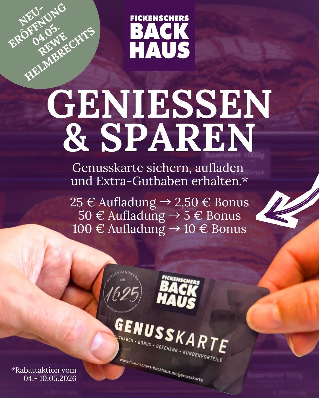 Genusskarte aufladen und Bonus sichern! 💳✨

Zur Neuer&ouml;ffnung m&ouml;chten wir euch eine kleine Freude machen: Wenn ihr eure Genusskarte aufladet, schenken wir euch zus&auml;tzliches Bonus-Guthaben dazu. So startet ihr mit noch mehr Genuss in un
