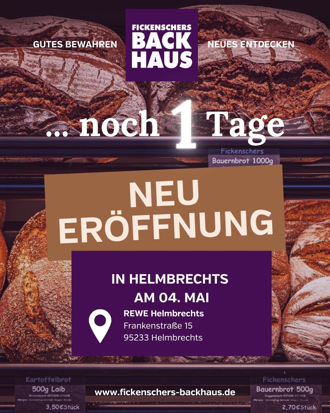 Morgen ist es soweit! 🎊 Noch 1 Tag bis zur Neuer&ouml;ffnung unseres Backhaus-Fachgesch&auml;fts im REWE Markt Helmbrechts. Morgen geht&rsquo;s los &ndash; mit tollen Angeboten und exklusiven Rabatten. Wir freuen uns auf euch! @rewe.baer