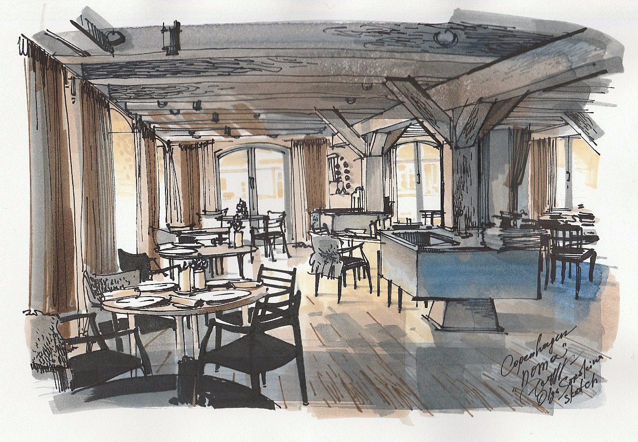Noma restaurant, Copenhagen (watercolour and markers)