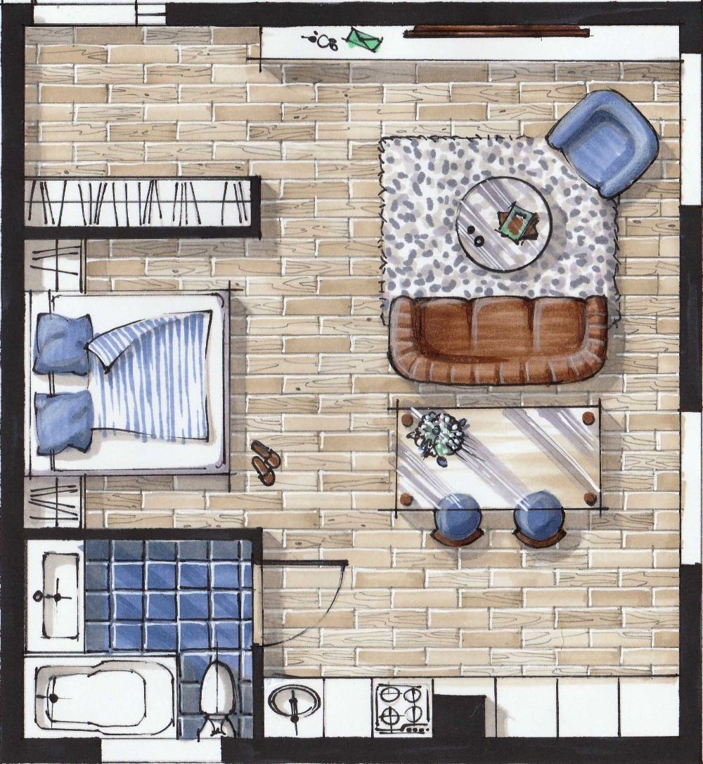 Sketch plan interior design drawing hand rendering marker sketch