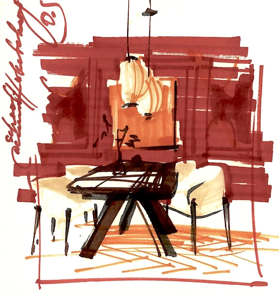 Hand-drawn interior sketch of a dining room demonstrating one-point perspective and alcohol marker rendering