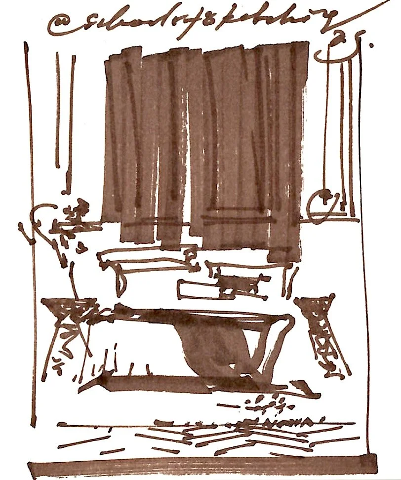 Hand-drawn interior design sketch showing one-point perspective and marker rendering techniques
