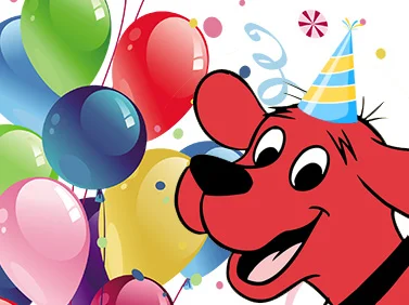 clifford with birthday hat and balloons