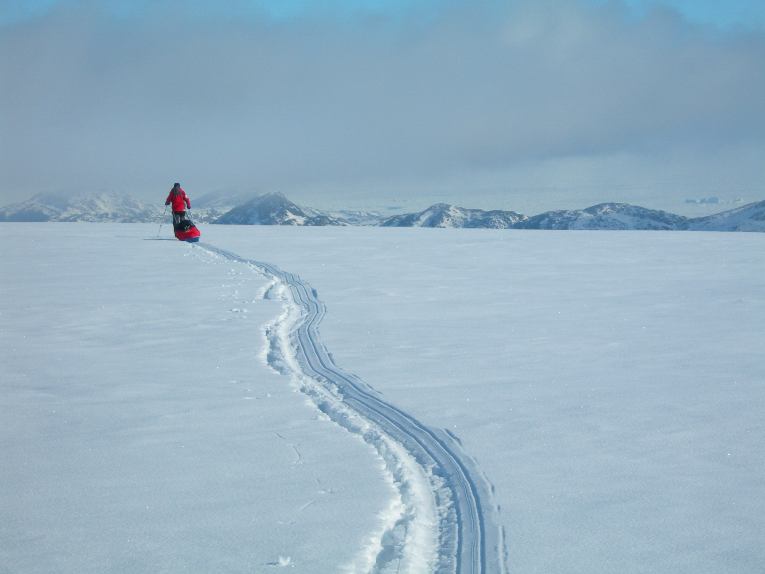 Tracks and iceburgs, Greenland.JPG