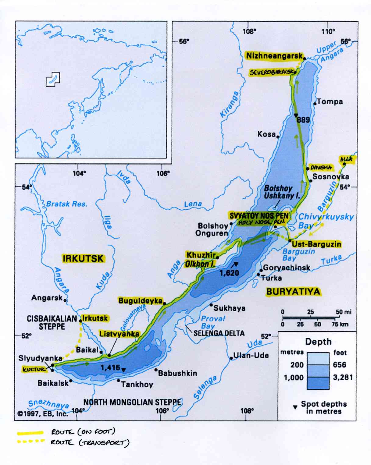 The expedition's route along the length of Lake Baikal, March 2008