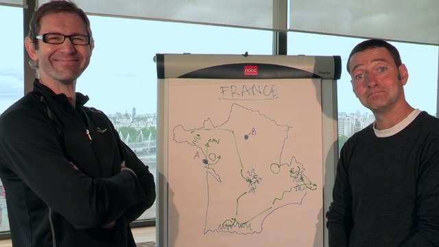 Plotting their dream Tour de France? Matt Rendell (left) with ITV Cycling colleague Ned Boulting and a flip chart!