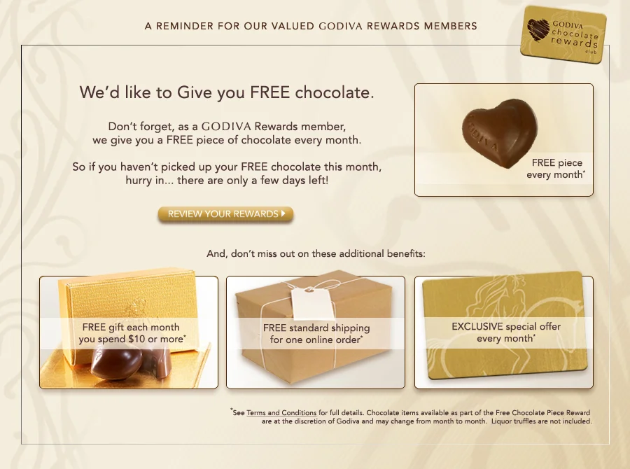 GODIVA Chocolate Rewards promotional email