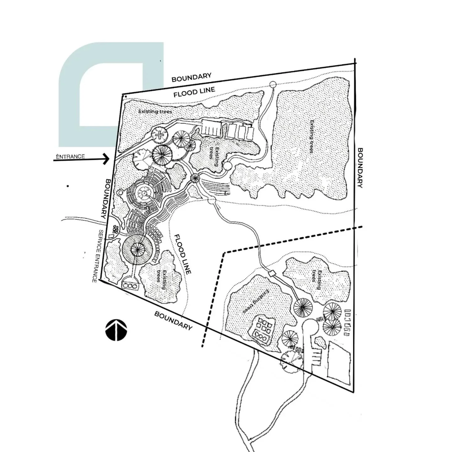 The Daunara Foundation - An agrotourism project that celebrates sustainable materials and local construction methodologies. A conceptual site programming sketch from the early phases of the project indicating a spatial response to natural site featur